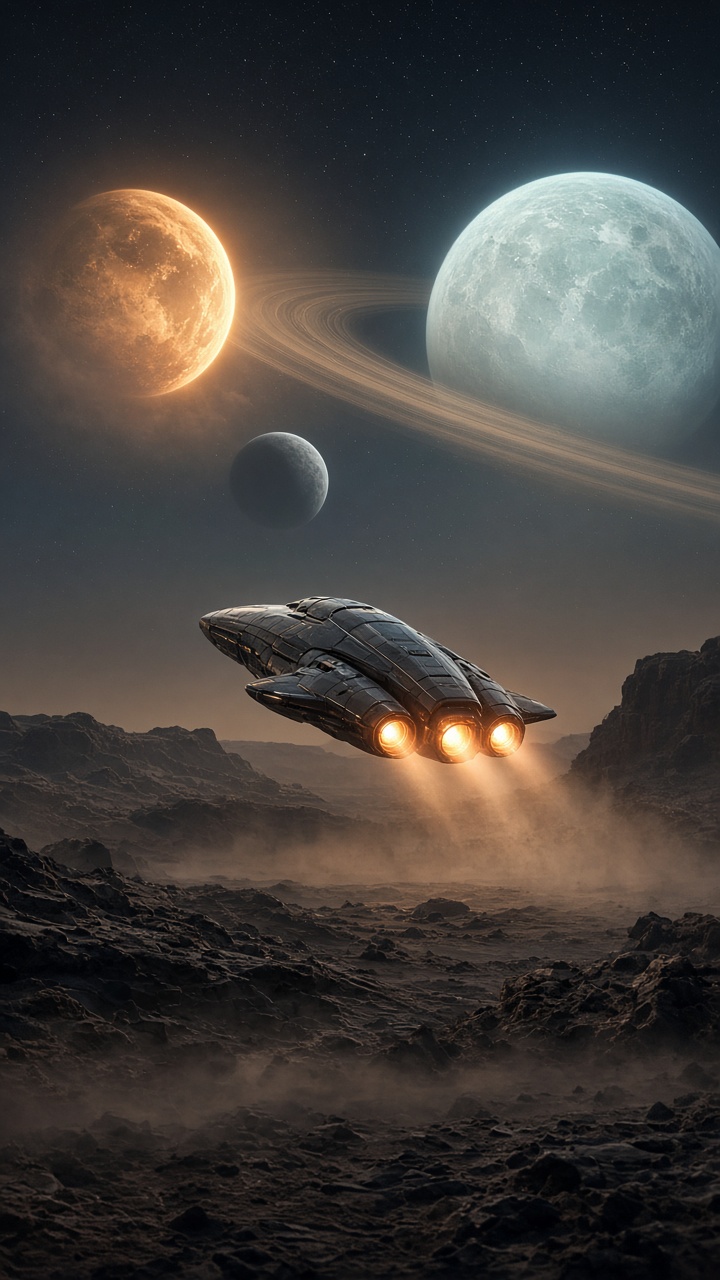 Futuristic colony ship descending over an alien surface beneath ringed moons.