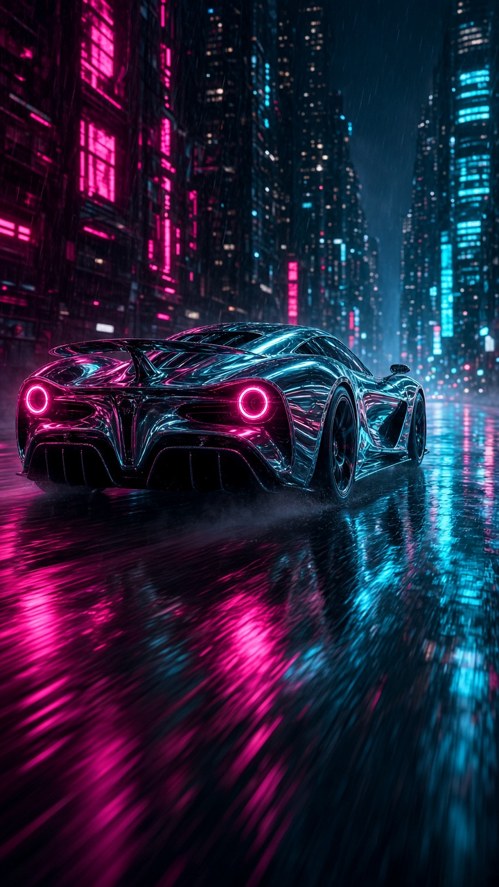Glossy chrome hypercar on a rain-slicked street under pink and cyan neon.